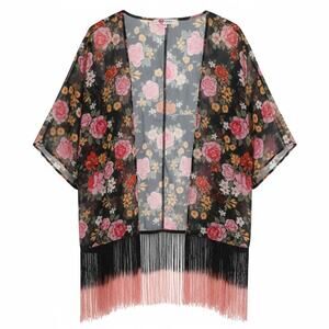 Olé By Koton Sheer Kimono Floral Fringe Hem Open Front Beach Cover Up EU 38 US M
